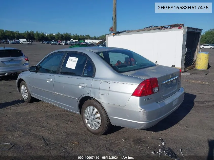 2003 Honda Civic Lx VIN: 2HGES16583H517475 Lot: 40067410