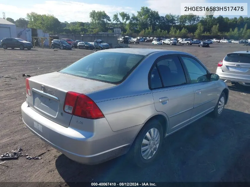 2003 Honda Civic Lx VIN: 2HGES16583H517475 Lot: 40067410