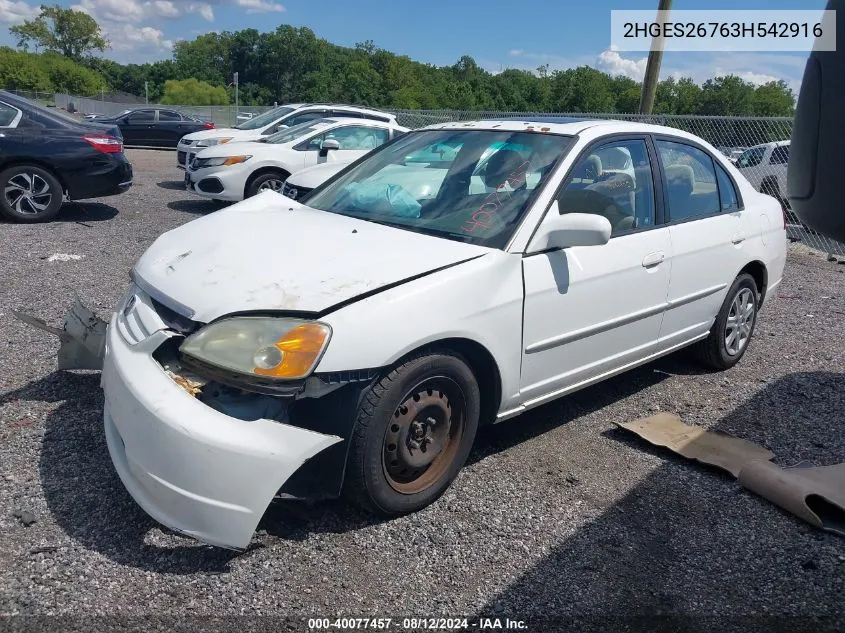 2003 Honda Civic Ex VIN: 2HGES26763H542916 Lot: 40077457