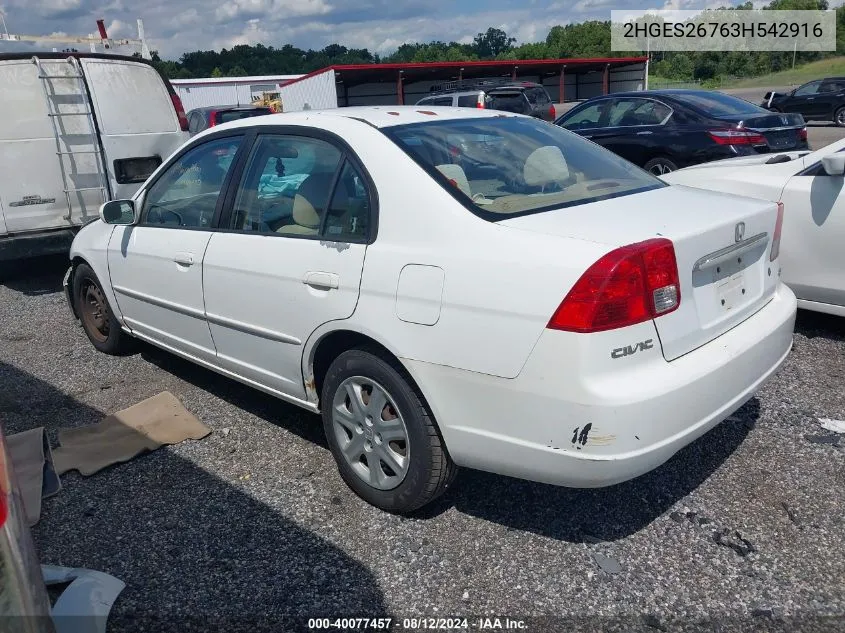 2003 Honda Civic Ex VIN: 2HGES26763H542916 Lot: 40077457