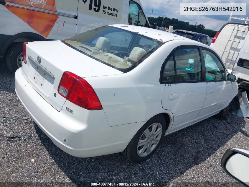 2003 Honda Civic Ex VIN: 2HGES26763H542916 Lot: 40077457