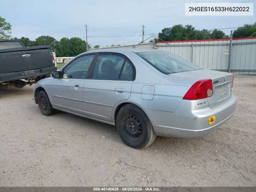 2003 Honda Civic Lx VIN: 2HGES16533H622022 Lot: 40140626