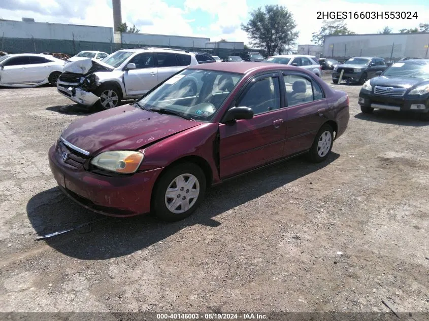 2003 Honda Civic Lx VIN: 2HGES16603H553024 Lot: 40146003