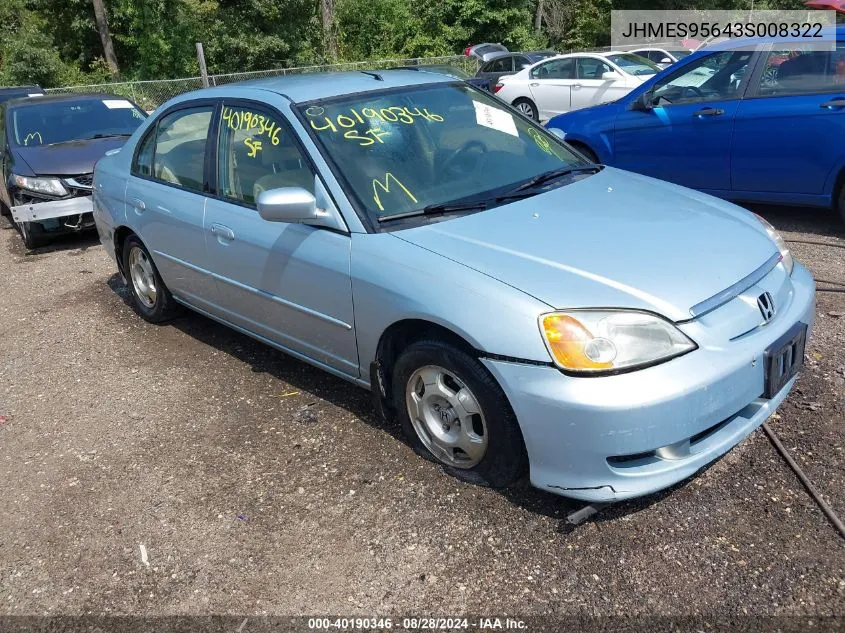 2003 Honda Civic Hybrid VIN: JHMES95643S008322 Lot: 40190346