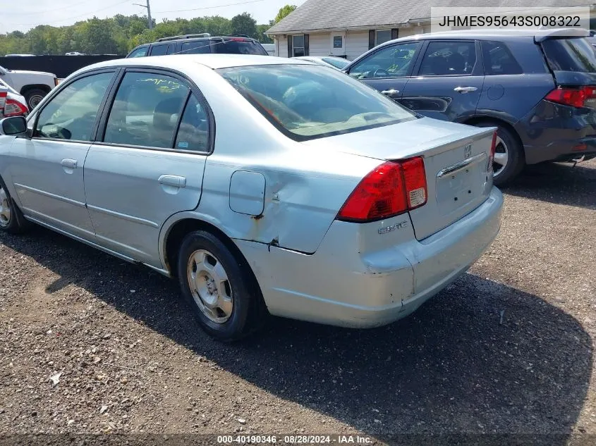 2003 Honda Civic Hybrid VIN: JHMES95643S008322 Lot: 40190346