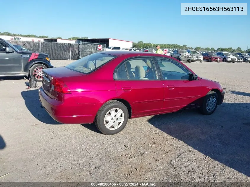 2003 Honda Civic Lx VIN: 2HGES16563H563113 Lot: 40206456