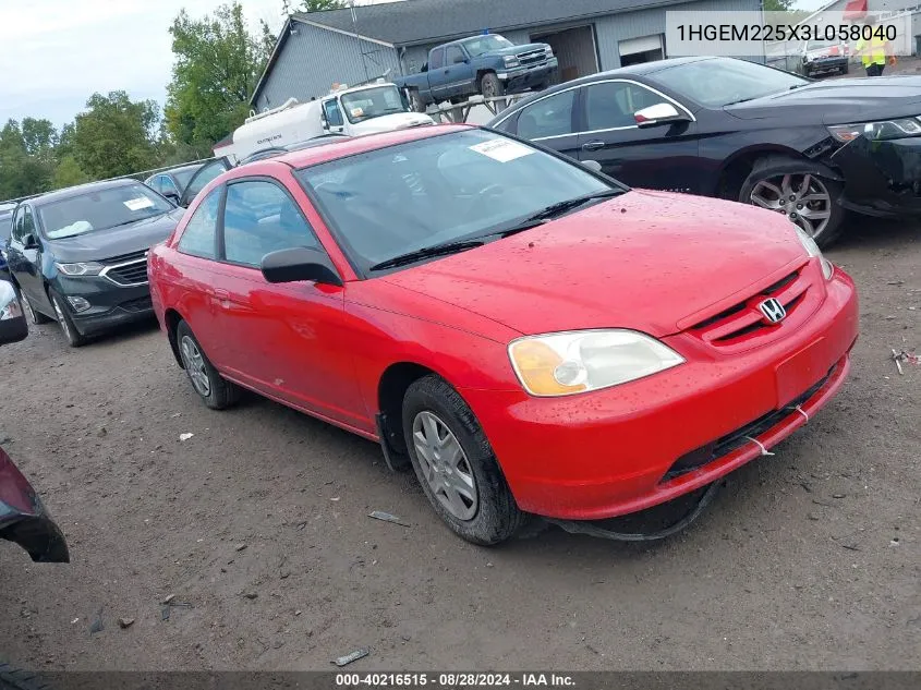 2003 Honda Civic Lx VIN: 1HGEM225X3L058040 Lot: 40216515