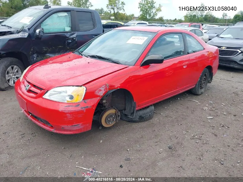 2003 Honda Civic Lx VIN: 1HGEM225X3L058040 Lot: 40216515