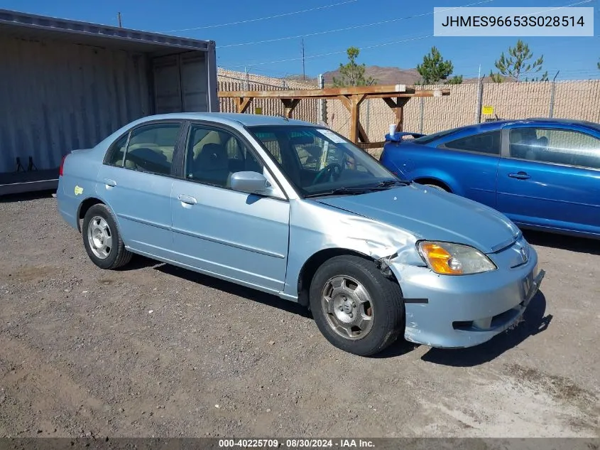 2003 Honda Civic Hybrid VIN: JHMES96653S028514 Lot: 40225709