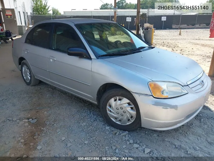 2003 Honda Civic Lx VIN: 2HGES16543H551140 Lot: 40231556