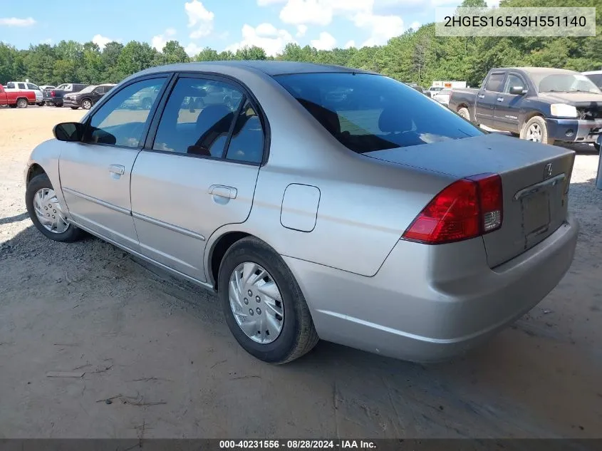 2003 Honda Civic Lx VIN: 2HGES16543H551140 Lot: 40231556