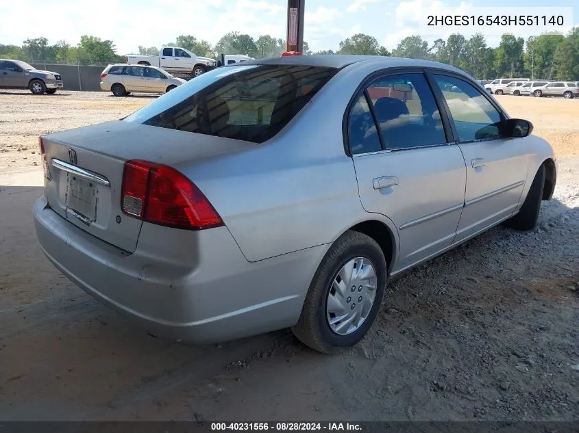 2003 Honda Civic Lx VIN: 2HGES16543H551140 Lot: 40231556