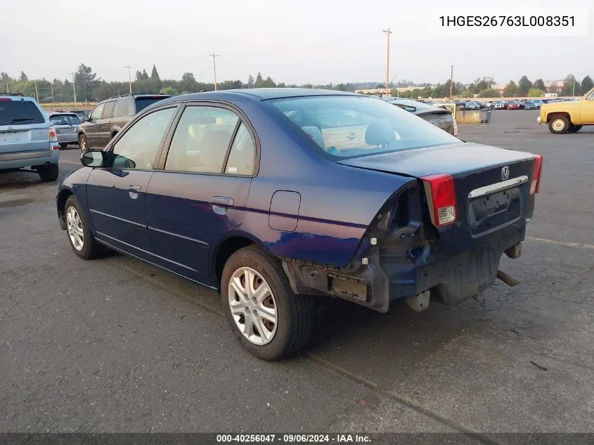 2003 Honda Civic Ex VIN: 1HGES26763L008351 Lot: 40256047