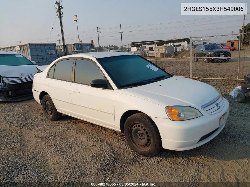 2003 Honda Civic Lx VIN: 2HGES155X3H549006 Lot: 40270665