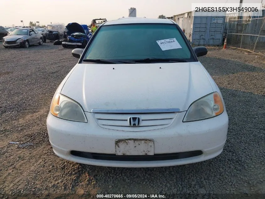 2003 Honda Civic Lx VIN: 2HGES155X3H549006 Lot: 40270665