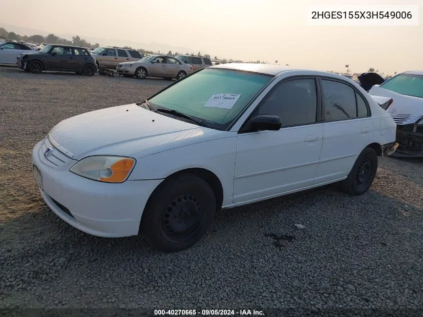 2003 Honda Civic Lx VIN: 2HGES155X3H549006 Lot: 40270665