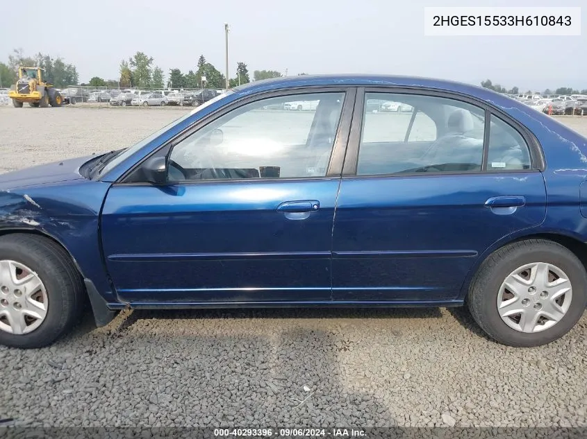 2003 Honda Civic Lx VIN: 2HGES15533H610843 Lot: 40293396