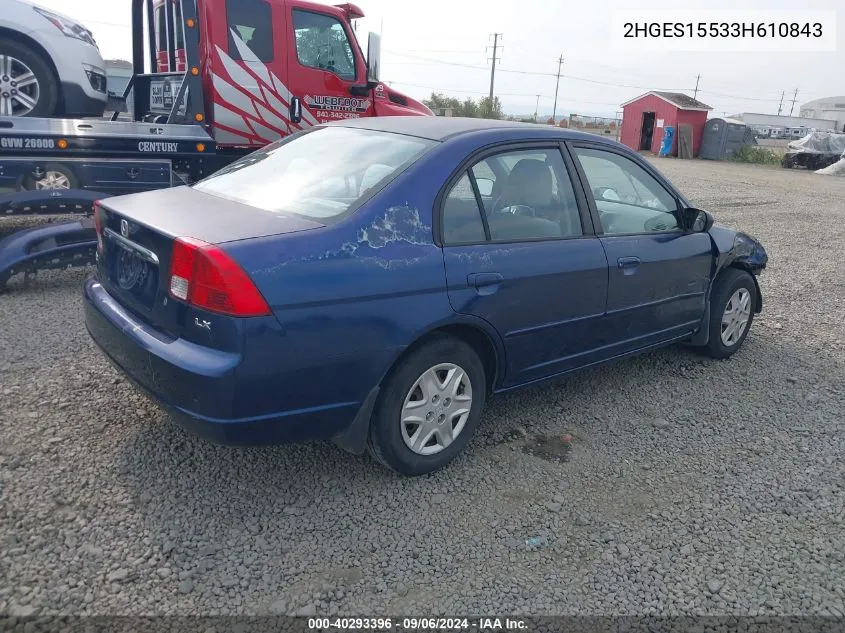 2003 Honda Civic Lx VIN: 2HGES15533H610843 Lot: 40293396