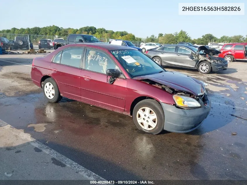 2003 Honda Civic Lx VIN: 2HGES16563H582826 Lot: 40298473