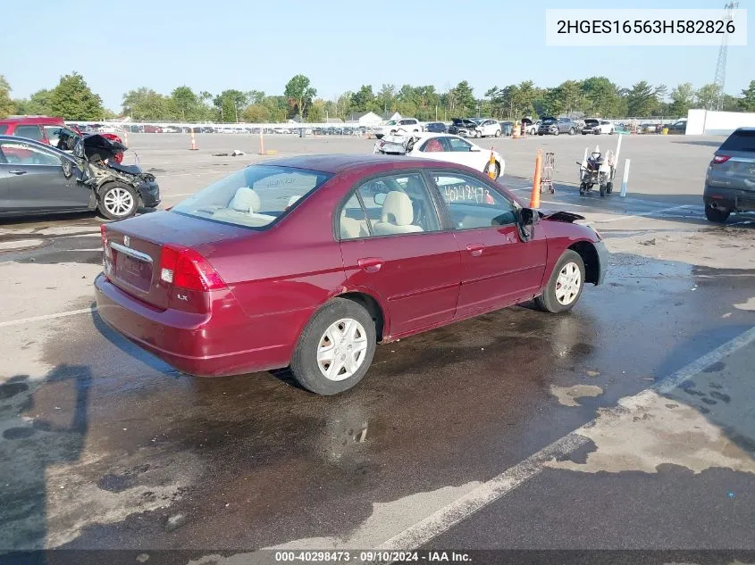 2003 Honda Civic Lx VIN: 2HGES16563H582826 Lot: 40298473