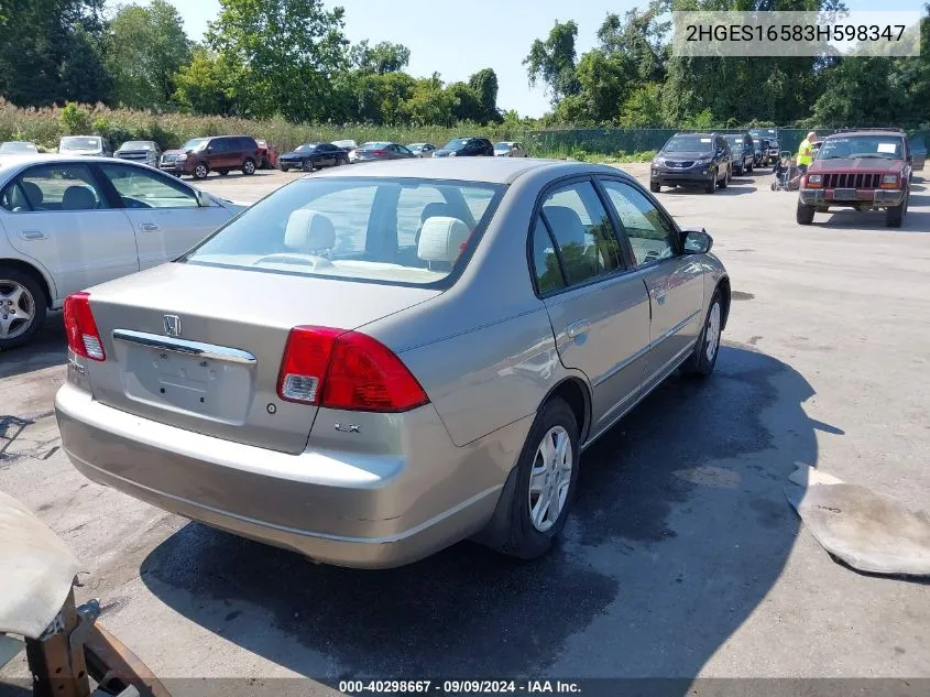 2003 Honda Civic Lx VIN: 2HGES16583H598347 Lot: 40298667