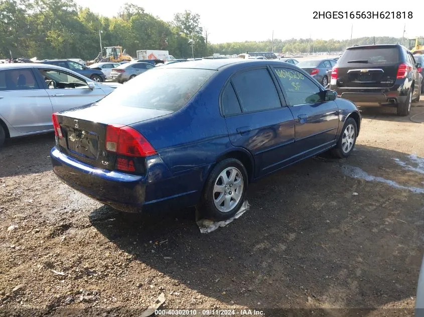 2003 Honda Civic Lx VIN: 2HGES16563H621818 Lot: 40302010