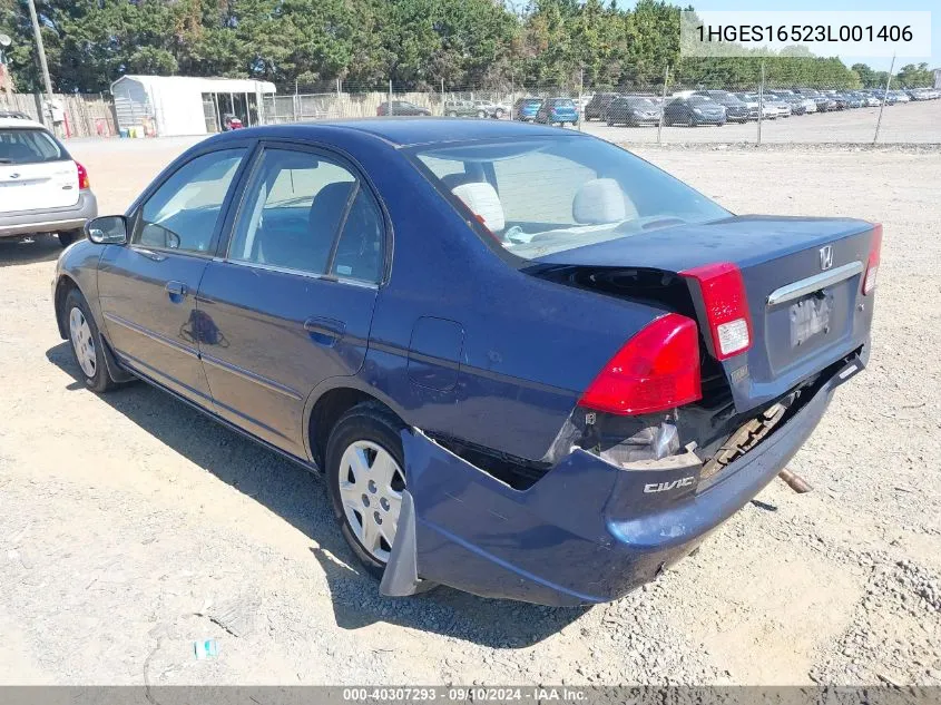 2003 Honda Civic Lx VIN: 1HGES16523L001406 Lot: 40307293