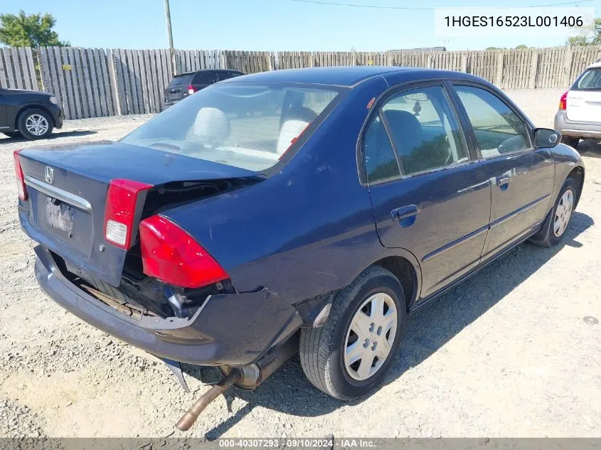 2003 Honda Civic Lx VIN: 1HGES16523L001406 Lot: 40307293