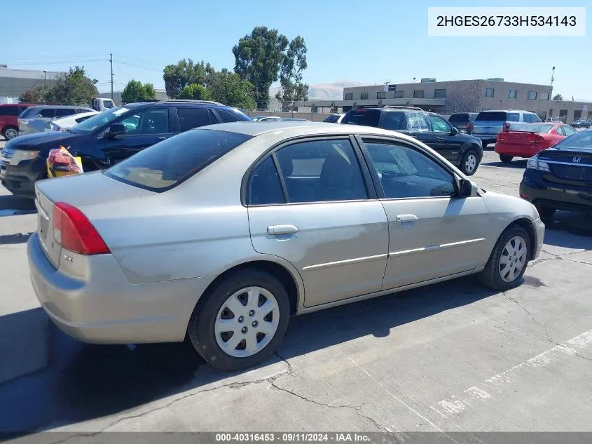 2003 Honda Civic Ex VIN: 2HGES26733H534143 Lot: 40316453