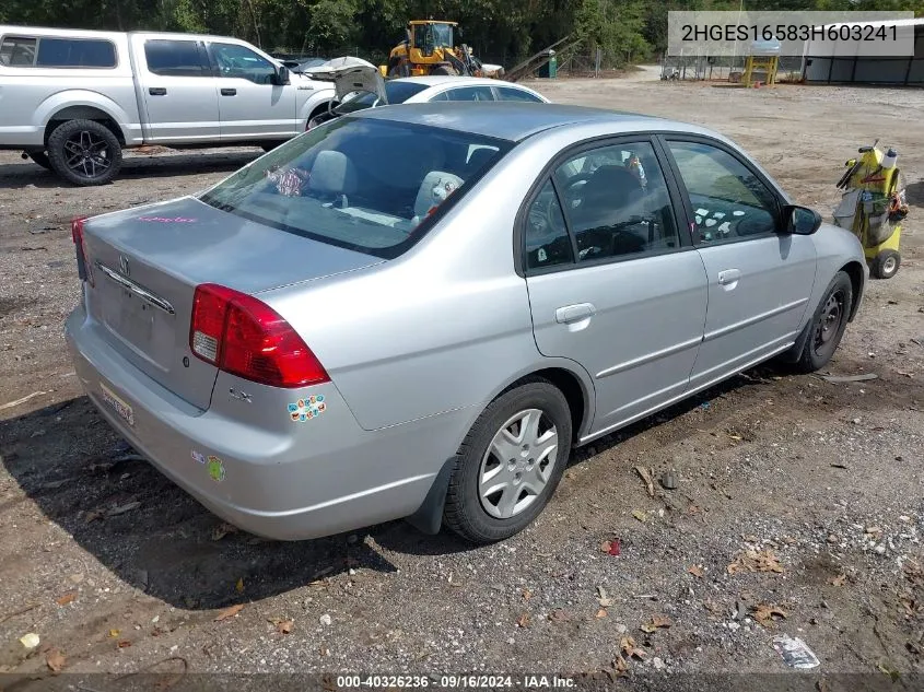 2003 Honda Civic Lx VIN: 2HGES16583H603241 Lot: 40326236