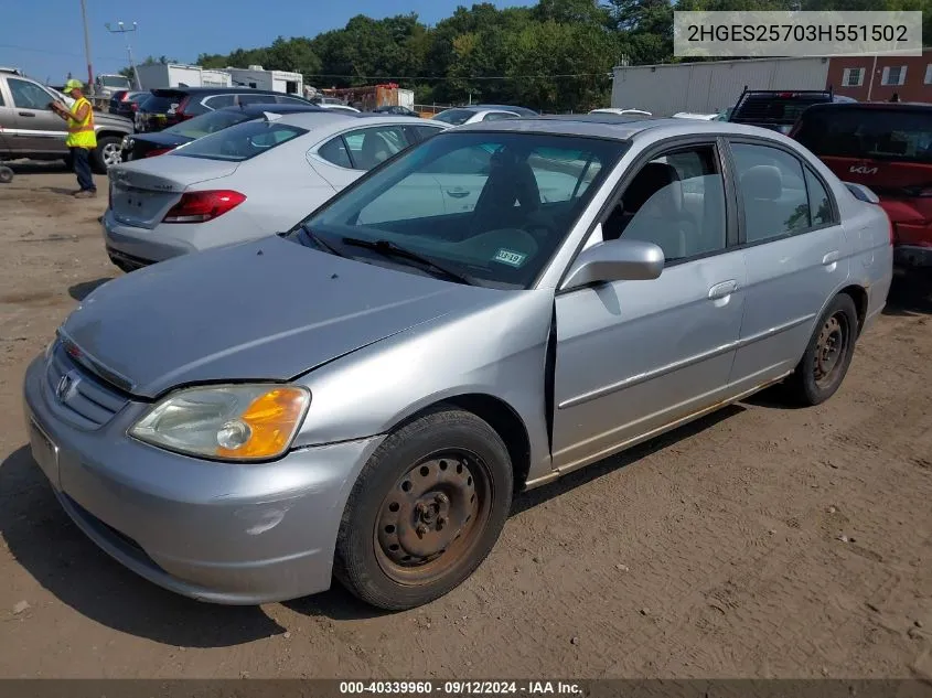 2003 Honda Civic Ex VIN: 2HGES25703H551502 Lot: 40339960