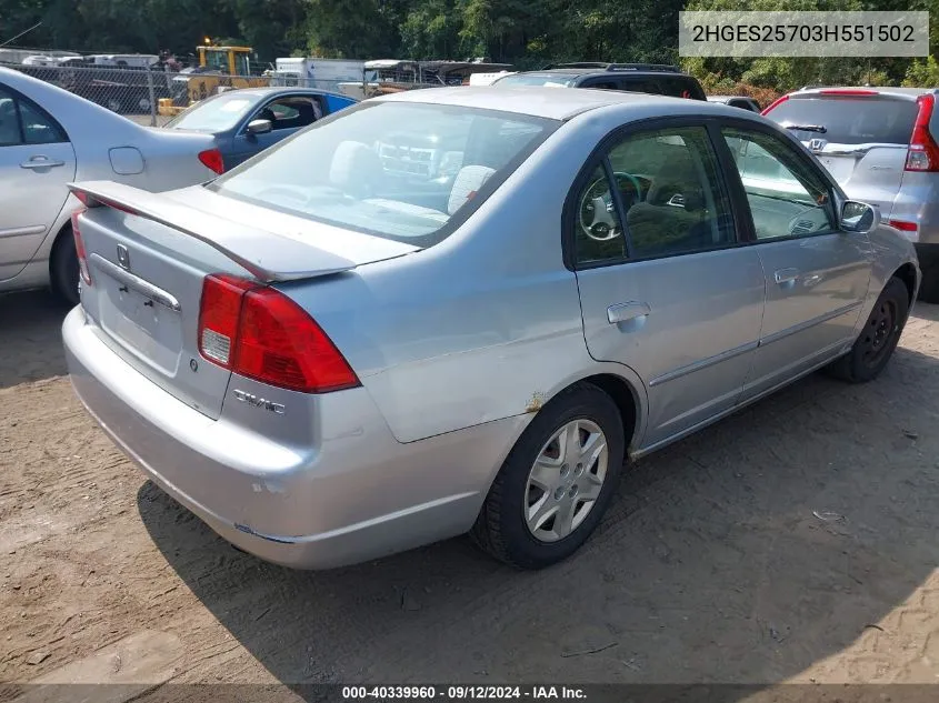 2003 Honda Civic Ex VIN: 2HGES25703H551502 Lot: 40339960