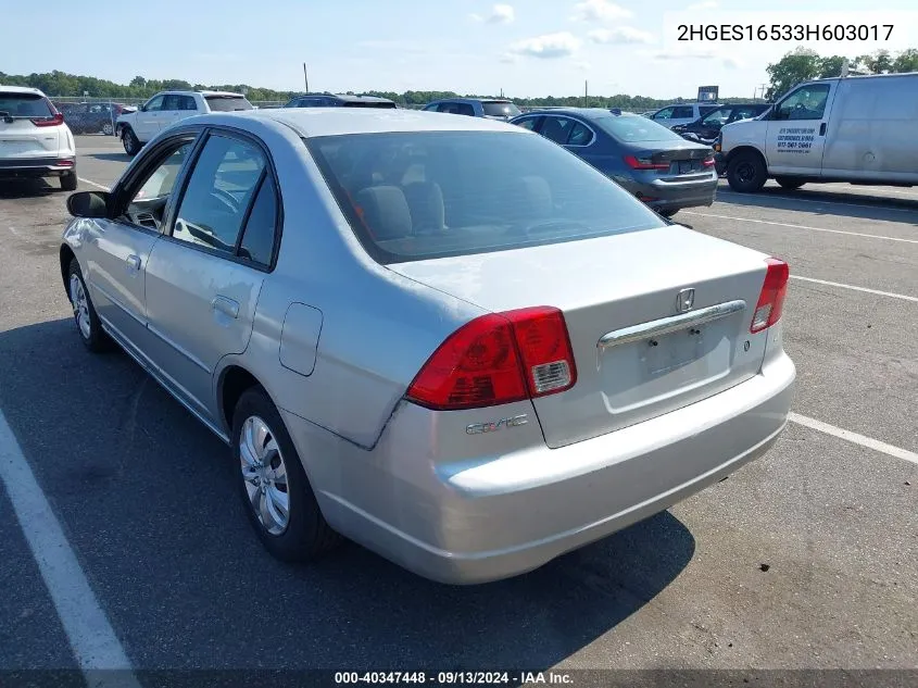 2003 Honda Civic Lx VIN: 2HGES16533H603017 Lot: 40347448