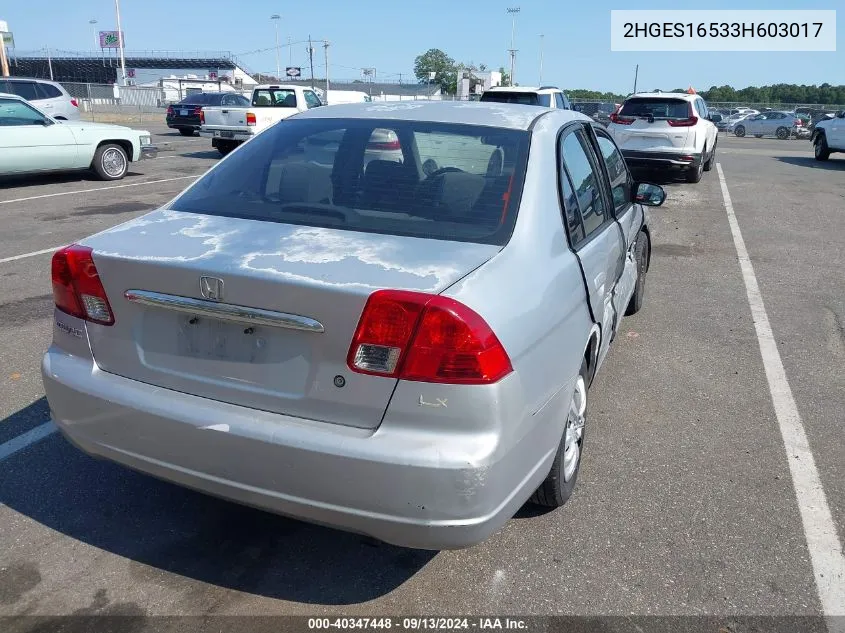 2003 Honda Civic Lx VIN: 2HGES16533H603017 Lot: 40347448