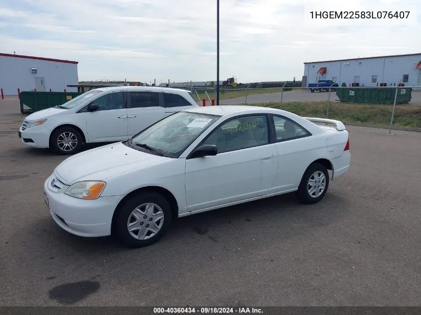 2003 Honda Civic Lx VIN: 1HGEM22583L076407 Lot: 40360434