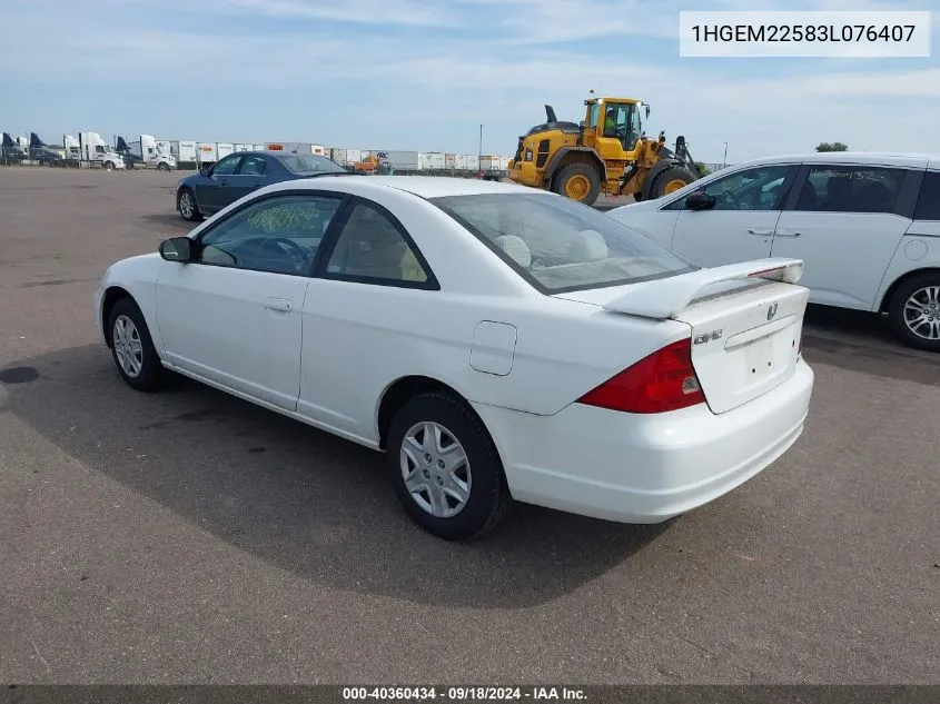 2003 Honda Civic Lx VIN: 1HGEM22583L076407 Lot: 40360434