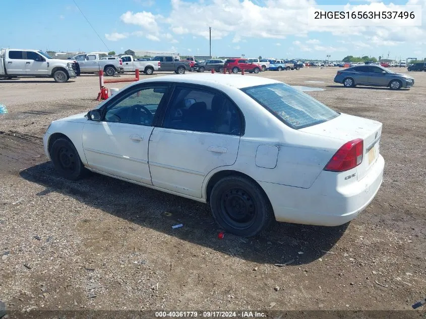 2003 Honda Civic Lx VIN: 2HGES16563H537496 Lot: 40361779