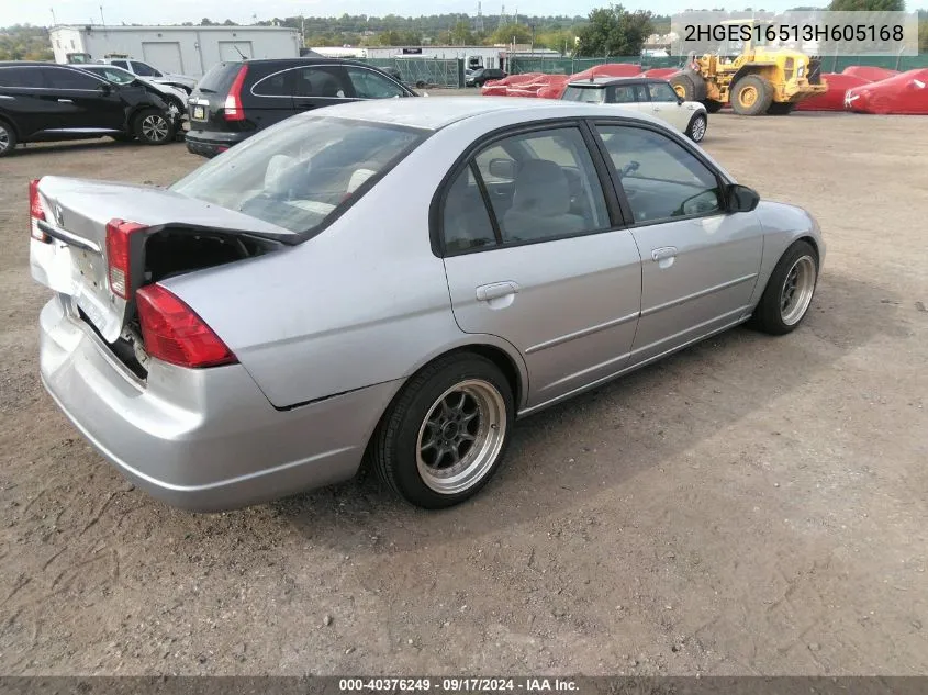 2003 Honda Civic Lx VIN: 2HGES16513H605168 Lot: 40376249