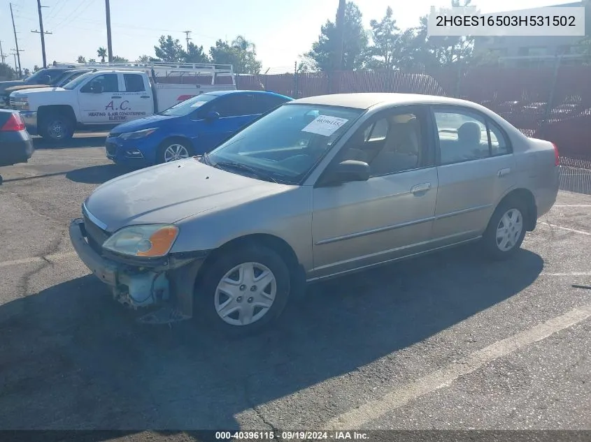 2003 Honda Civic Lx VIN: 2HGES16503H531502 Lot: 40396115