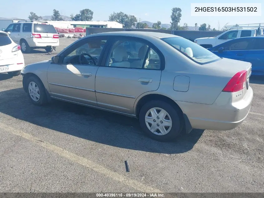 2003 Honda Civic Lx VIN: 2HGES16503H531502 Lot: 40396115