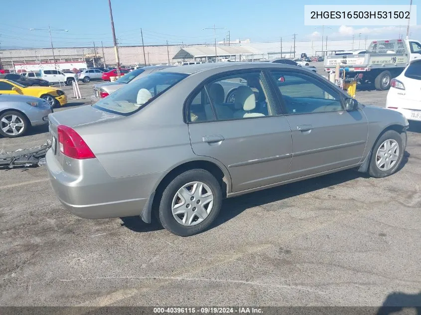 2003 Honda Civic Lx VIN: 2HGES16503H531502 Lot: 40396115