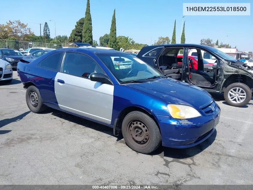 2003 Honda Civic Lx VIN: 1HGEM22553L018500 Lot: 40407006