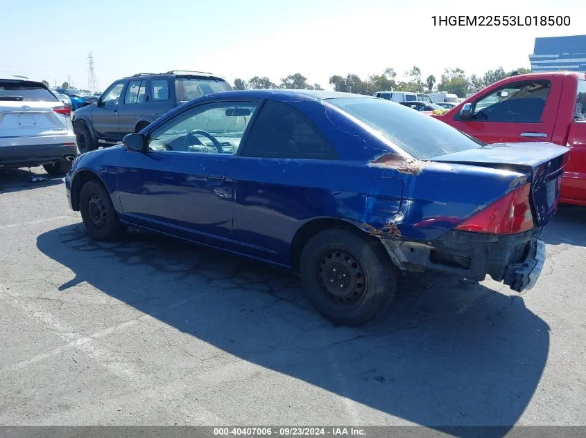 2003 Honda Civic Lx VIN: 1HGEM22553L018500 Lot: 40407006