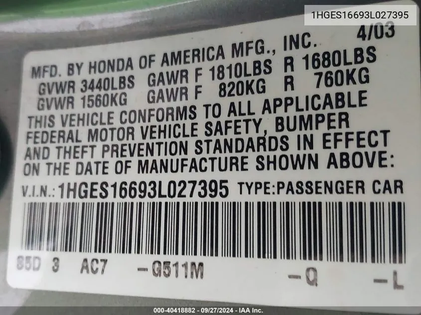 2003 Honda Civic Lx VIN: 1HGES16693L027395 Lot: 40418882