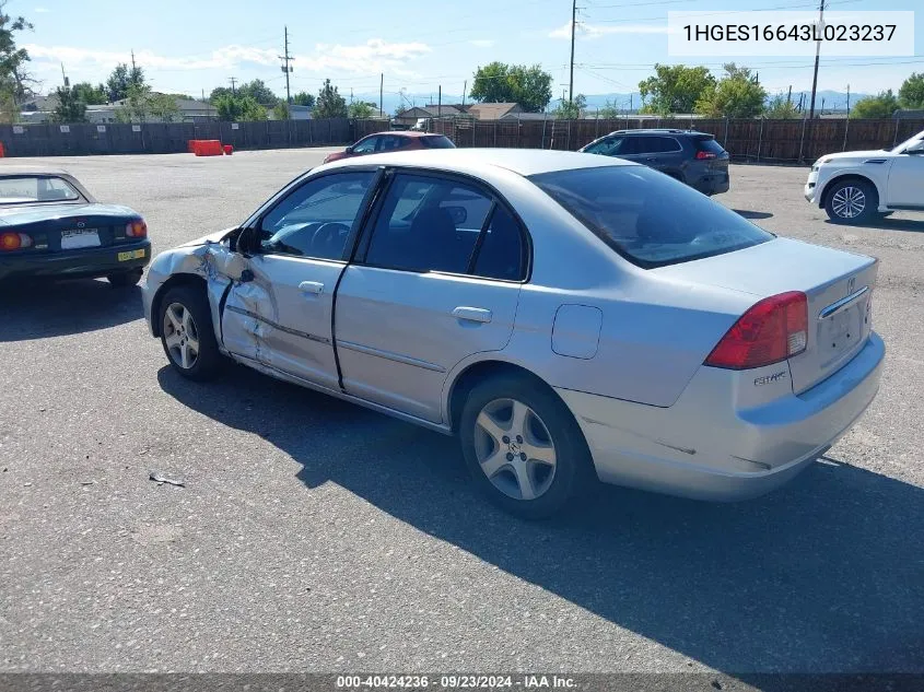 2003 Honda Civic Lx VIN: 1HGES16643L023237 Lot: 40424236