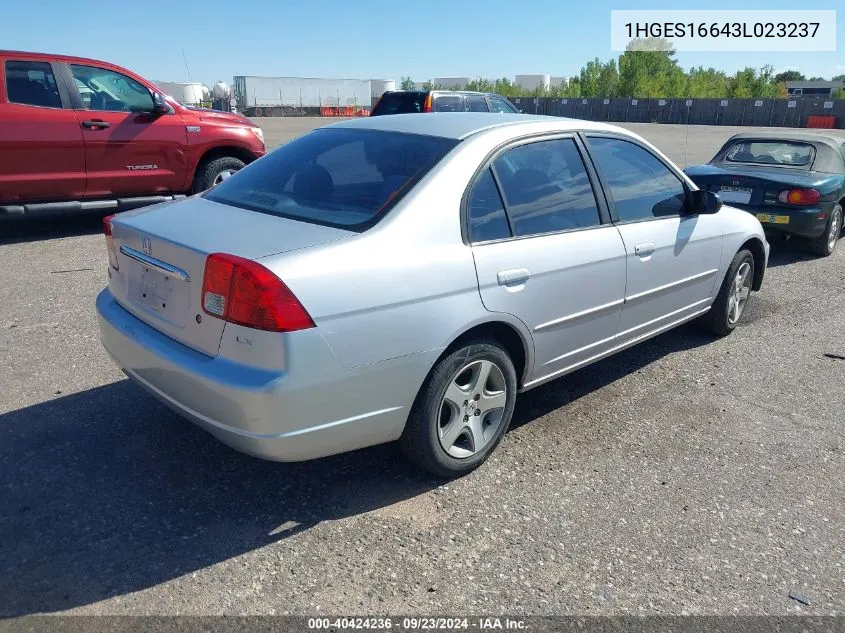 2003 Honda Civic Lx VIN: 1HGES16643L023237 Lot: 40424236