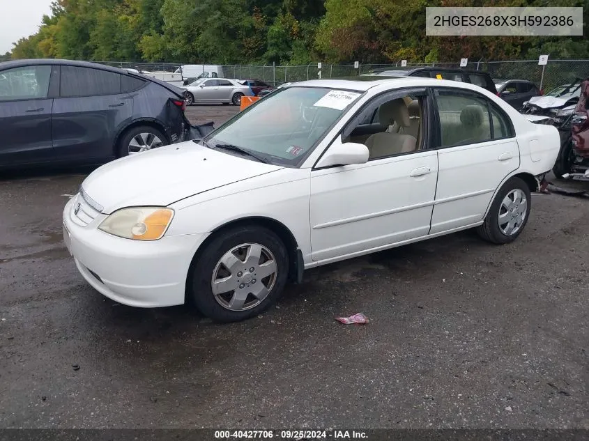 2003 Honda Civic Ex VIN: 2HGES268X3H592386 Lot: 40427706