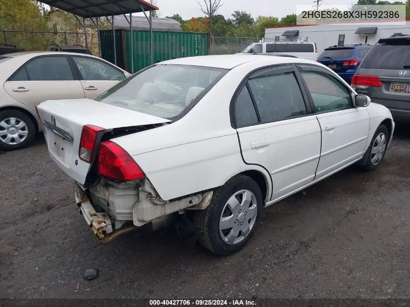 2003 Honda Civic Ex VIN: 2HGES268X3H592386 Lot: 40427706