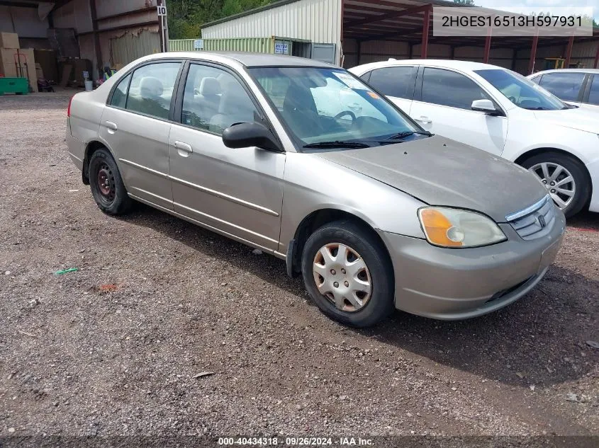 2003 Honda Civic Lx VIN: 2HGES16513H597931 Lot: 40434318