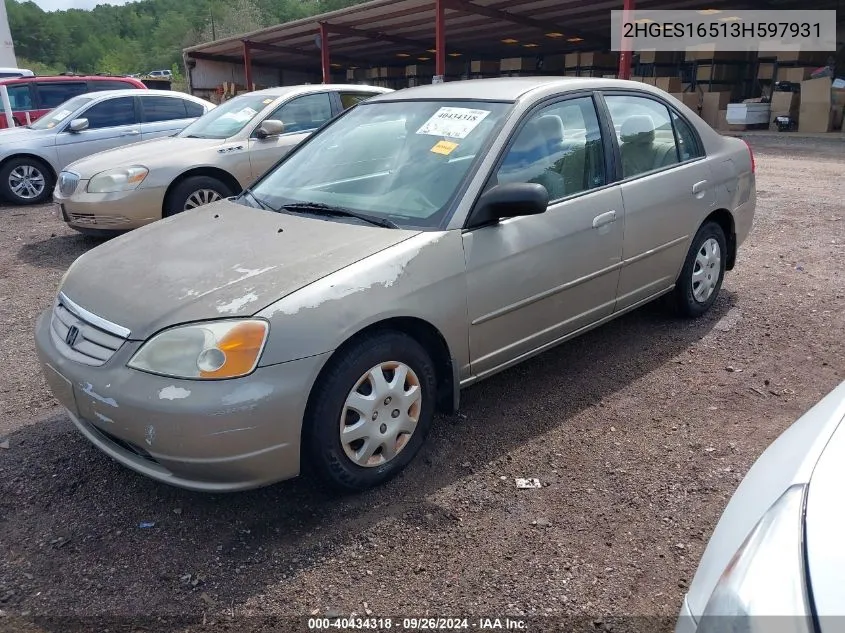 2003 Honda Civic Lx VIN: 2HGES16513H597931 Lot: 40434318